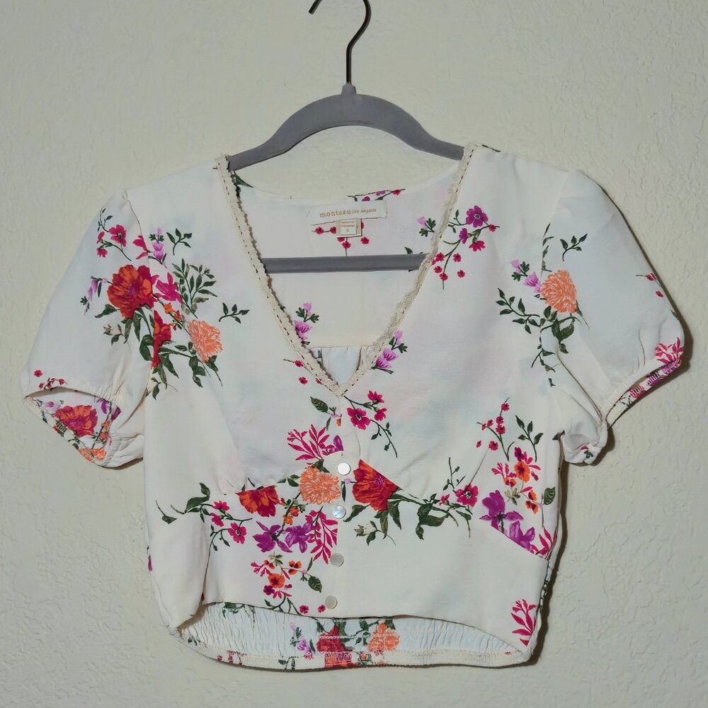 Monteau Los Angeles Floral Puff Sleeve Crop Top - Size S